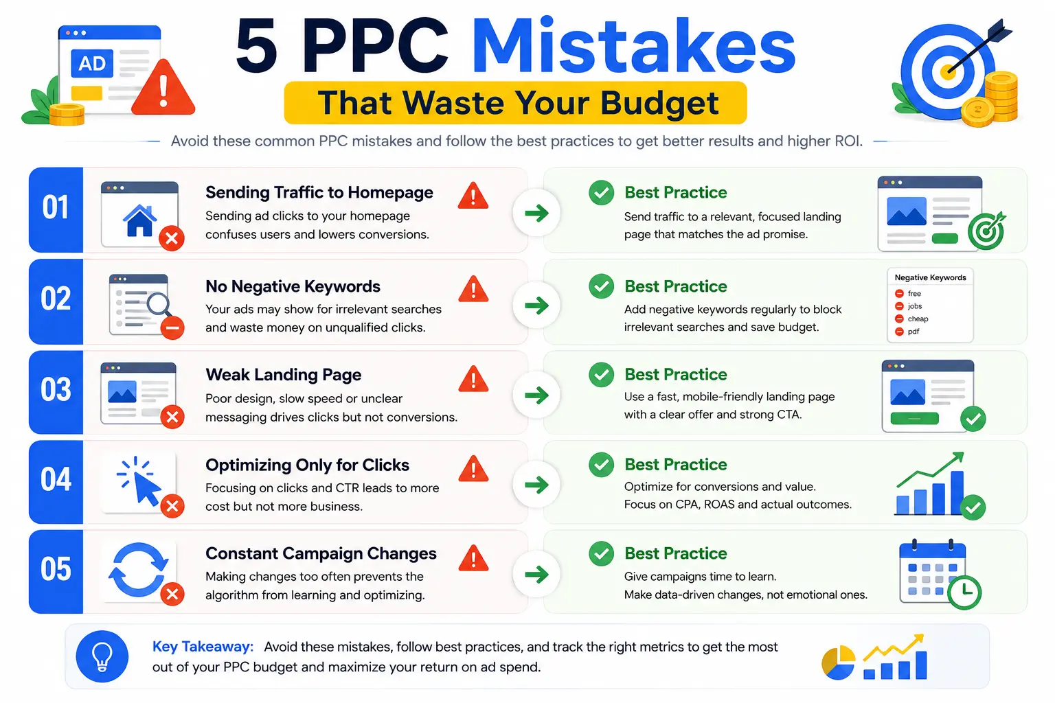 Modern vector infographic highlighting five common PPC mistakes including sending traffic to the homepage, missing negative keywords, weak landing pages, optimizing only for clicks, and frequent campaign changes with best practice recommendations.