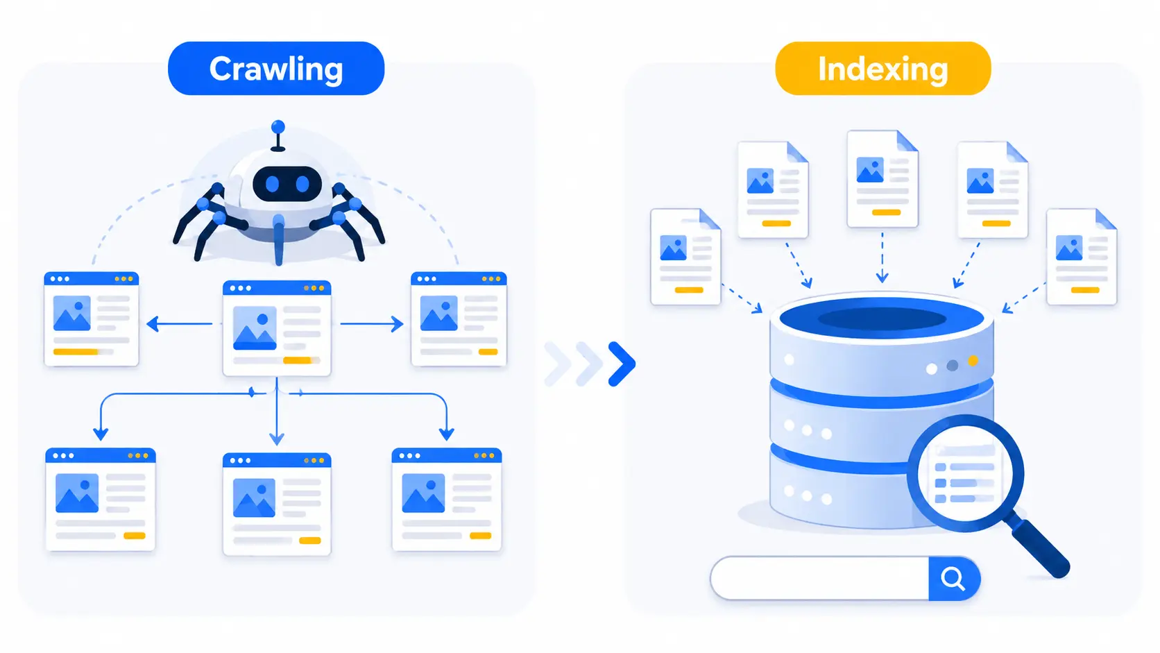 3D vector infographic comparing search engine crawling and indexing, showing Googlebot discovering webpages through internal links and storing content in a searchable index database.