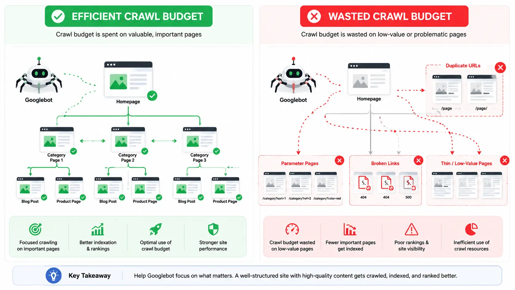Modern SEO infographic comparing efficient crawl budget with wasted crawl budget, illustrating Googlebot crawling valuable pages versus duplicate URLs, broken links, parameter pages, and thin content.