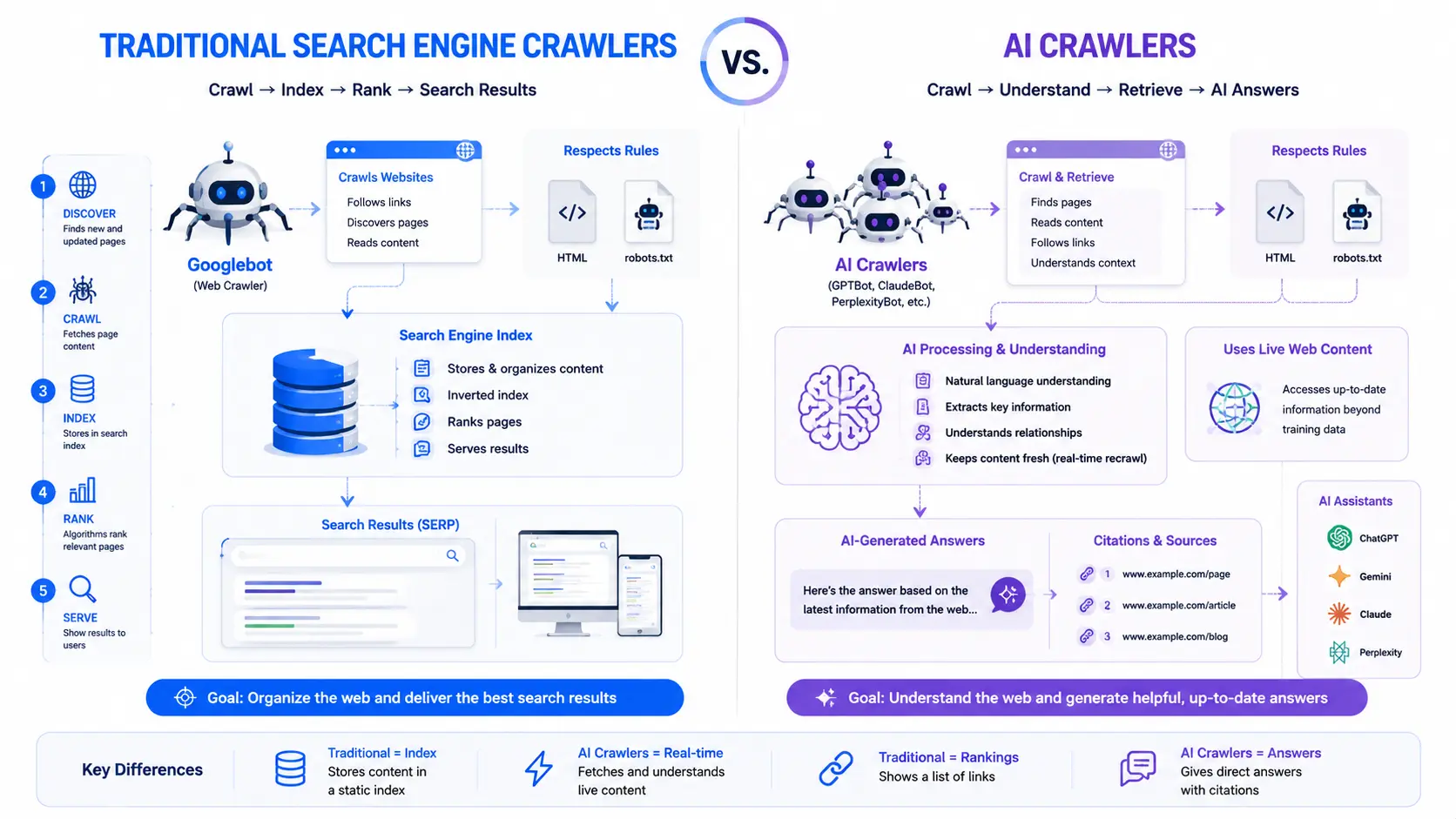 Futuristic vector infographic comparing traditional search engine crawlers with AI crawlers, showing Googlebot indexing webpages and AI bots retrieving live content for AI-generated answers and citations.