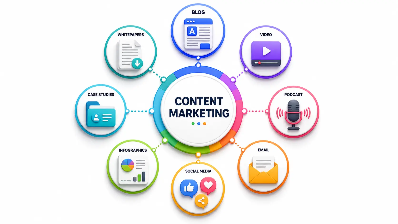 Premium circular 3D vector infographic showing the content marketing ecosystem with connected icons for blog, video, podcast, email, social media, infographics, case studies, and whitepapers centered around content marketing.