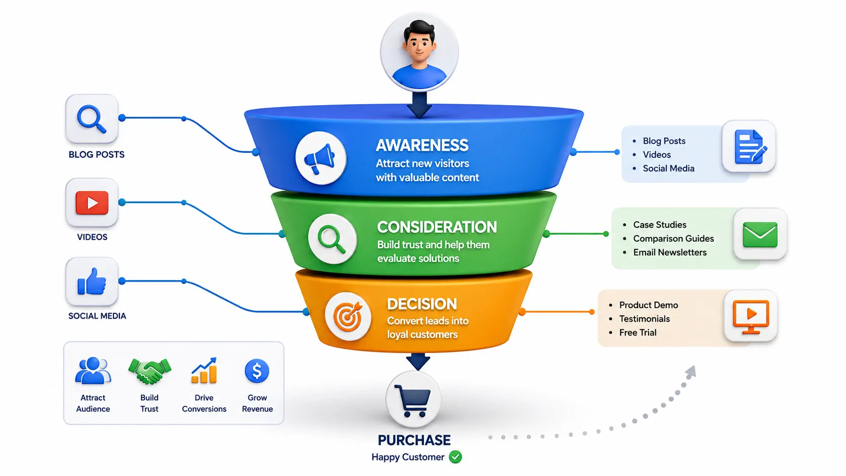 3D vector infographic illustrating the content marketing funnel with Awareness, Consideration, and Decision stages, including blog posts, videos, email newsletters, case studies, product demos, and customer purchase journey.
