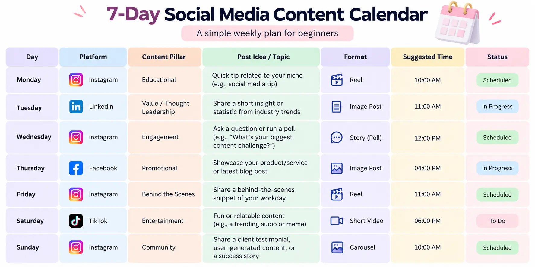 Pastel 7-Day Social Media Calendar